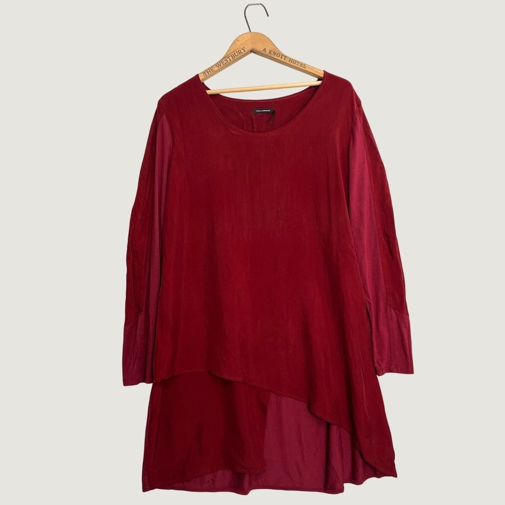 Stella Carakasi Red Asymmetrical Mixed Media Tunic Top Natural Lux Large - Picture 2 of 8